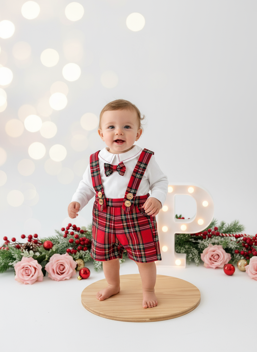 Conjunto xadrez vermelho menino Natal: calções, camisa em flanela e laço xadrez