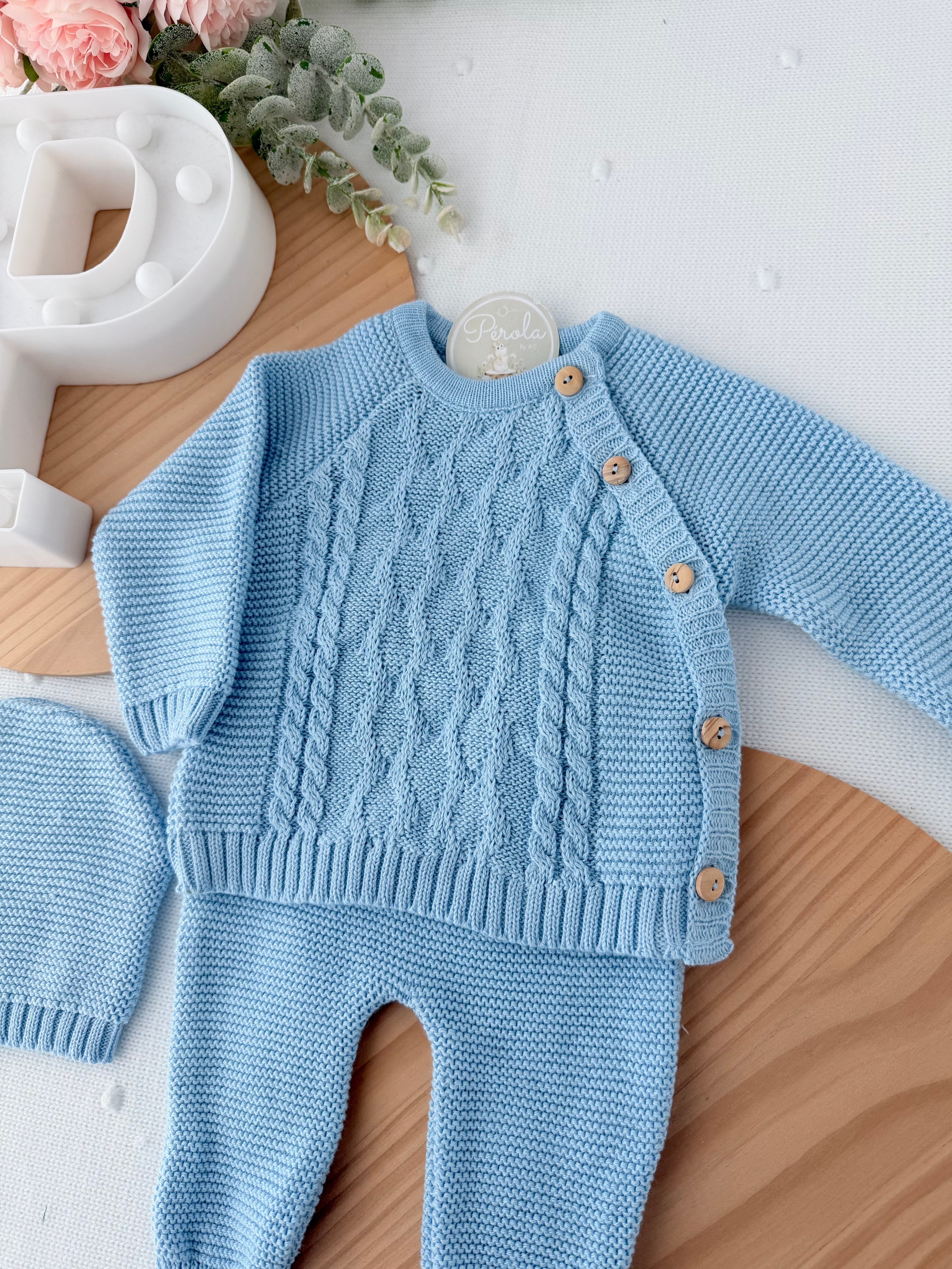 Conjunto malha 100% algodão: camisola, calças e gorro