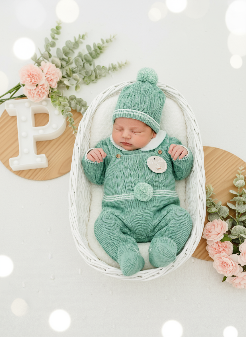 Conjunto Pompom verde: jardineiras, camisola e gorro