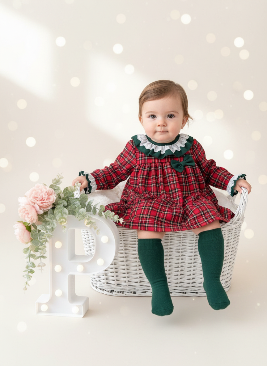 Vestido tartan com detalhes em verde