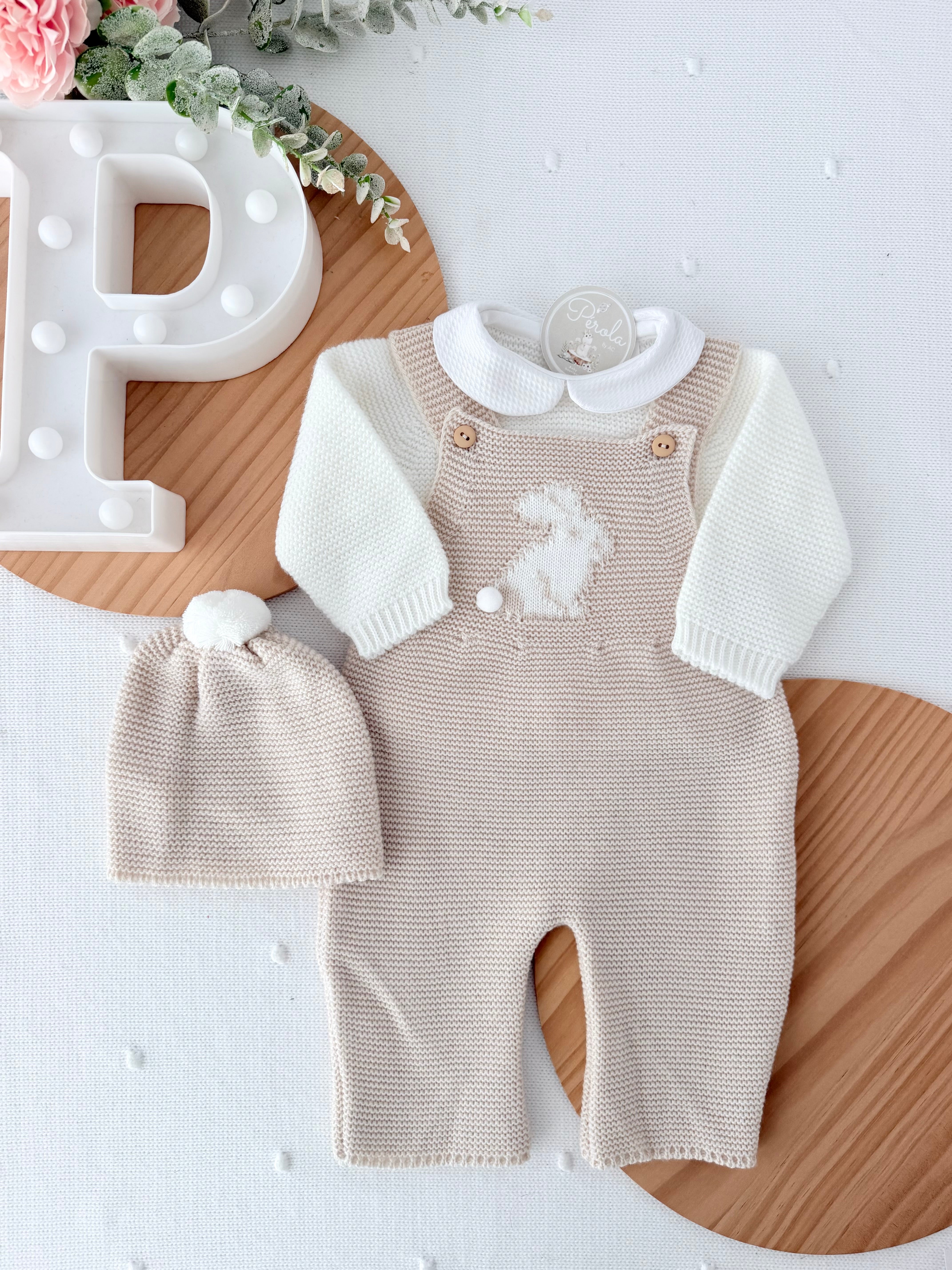 Conjunto coelhinho: jardineiras, camisola e gorro