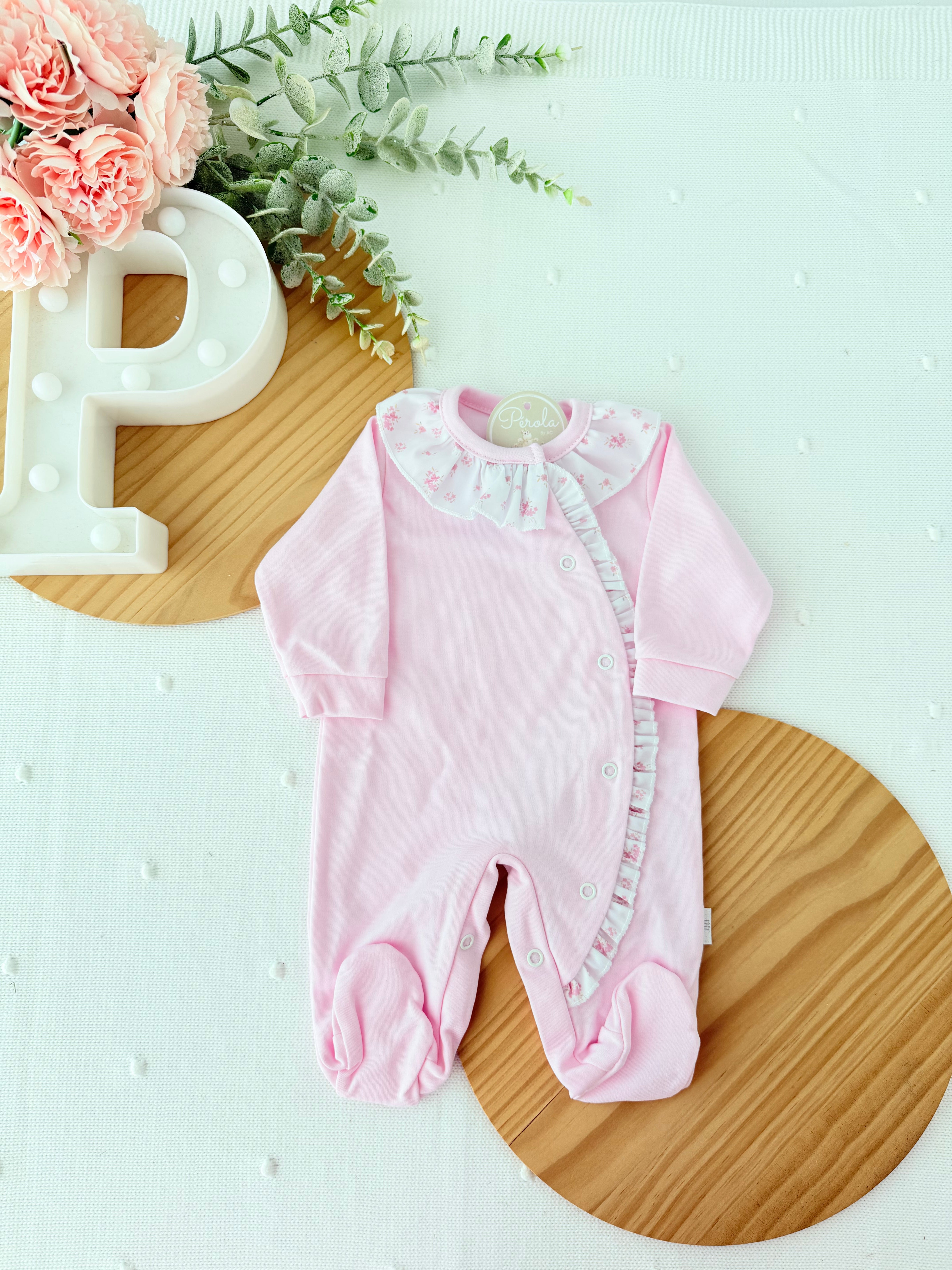 Babygrow Rosa tema flores em algodão