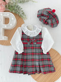 Conjunto Menina Tartan Vermelho e cinza - Vestido, Blusa e Bóina