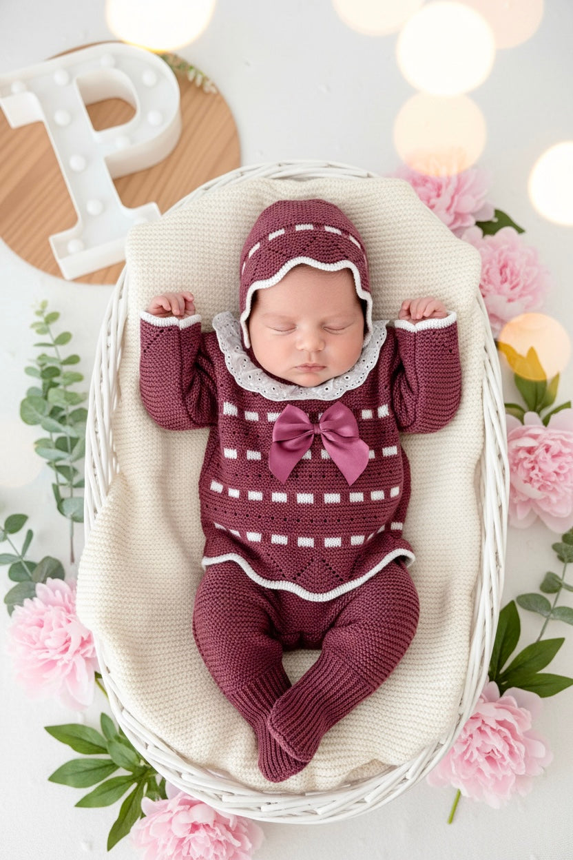 Conjunto princesinha de malha berinjela com bordado inglês