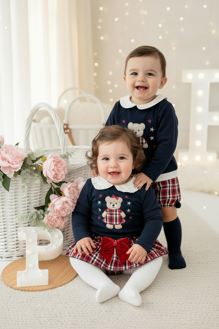 Conjunto ursinho xadrez:  camisola e saia/tapa fraldas