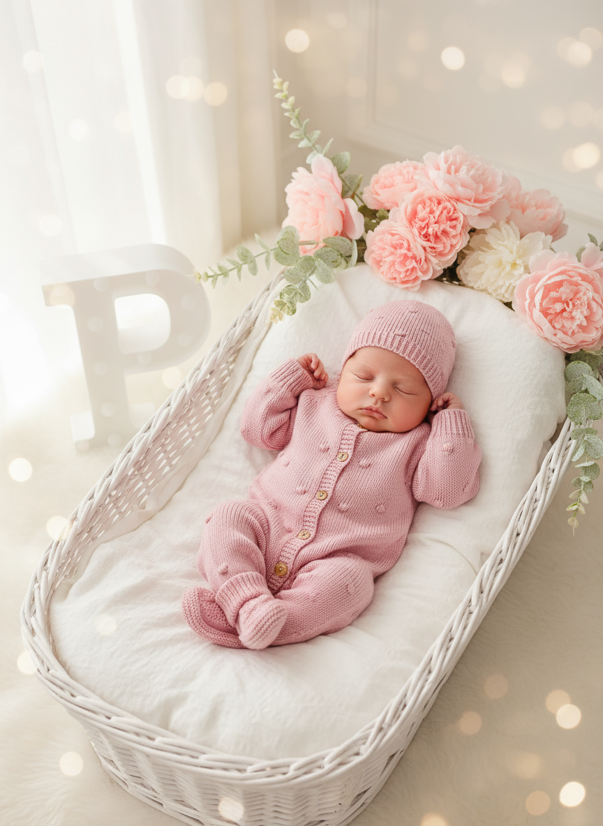 Conjunto bolinhas ROSA: macacão, gorro e carapins de malha