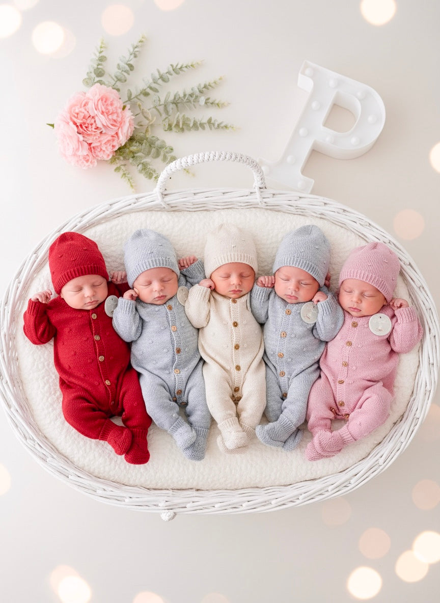 Conjunto bolinhas BEGE: macacão, gorro e carapins de malha