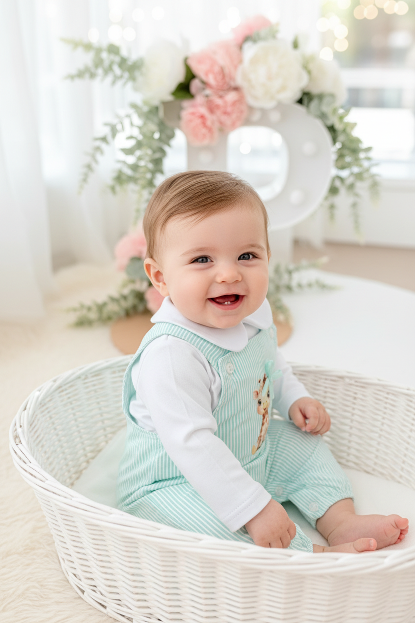 Conjunto girafa verde: Jardineiras e camisola 3-12M