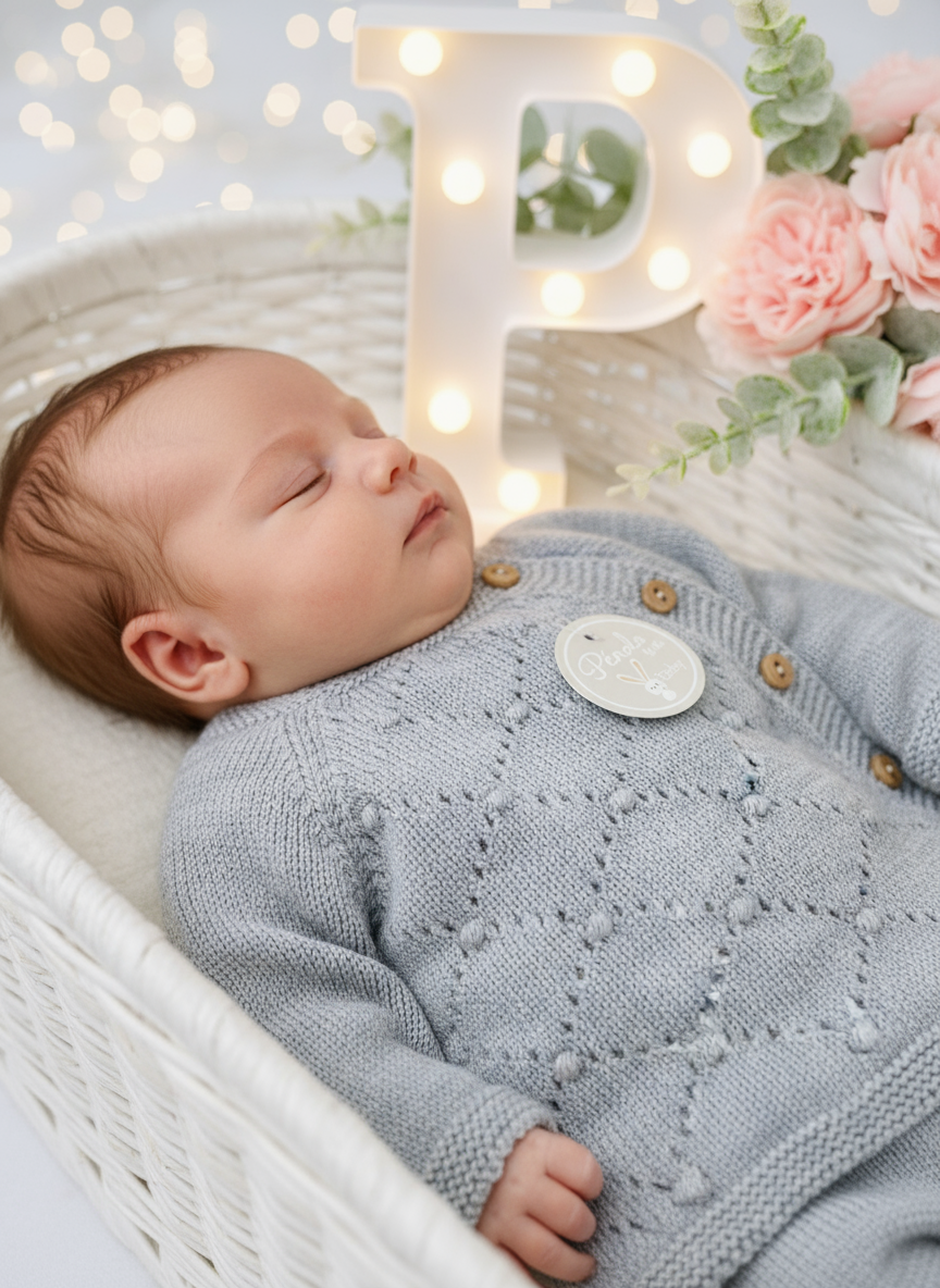 Conjunto malha bolinhas: camisola, calças e gorro- Outono/Inverno. 3/6M