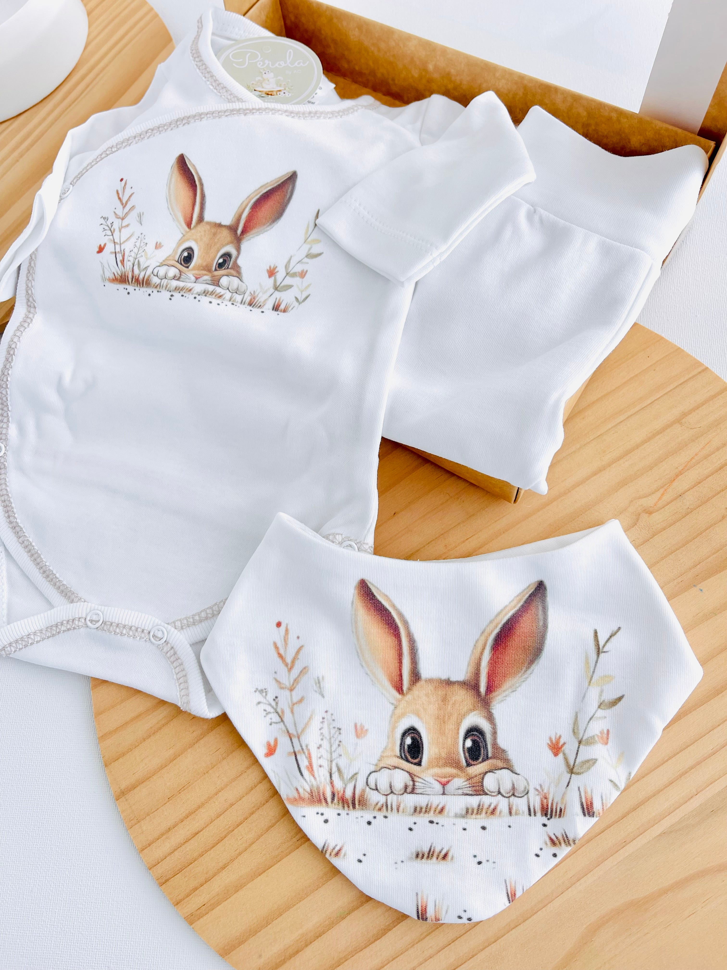 Pack tema coelho 3 peças: Body, calças e babete bandana