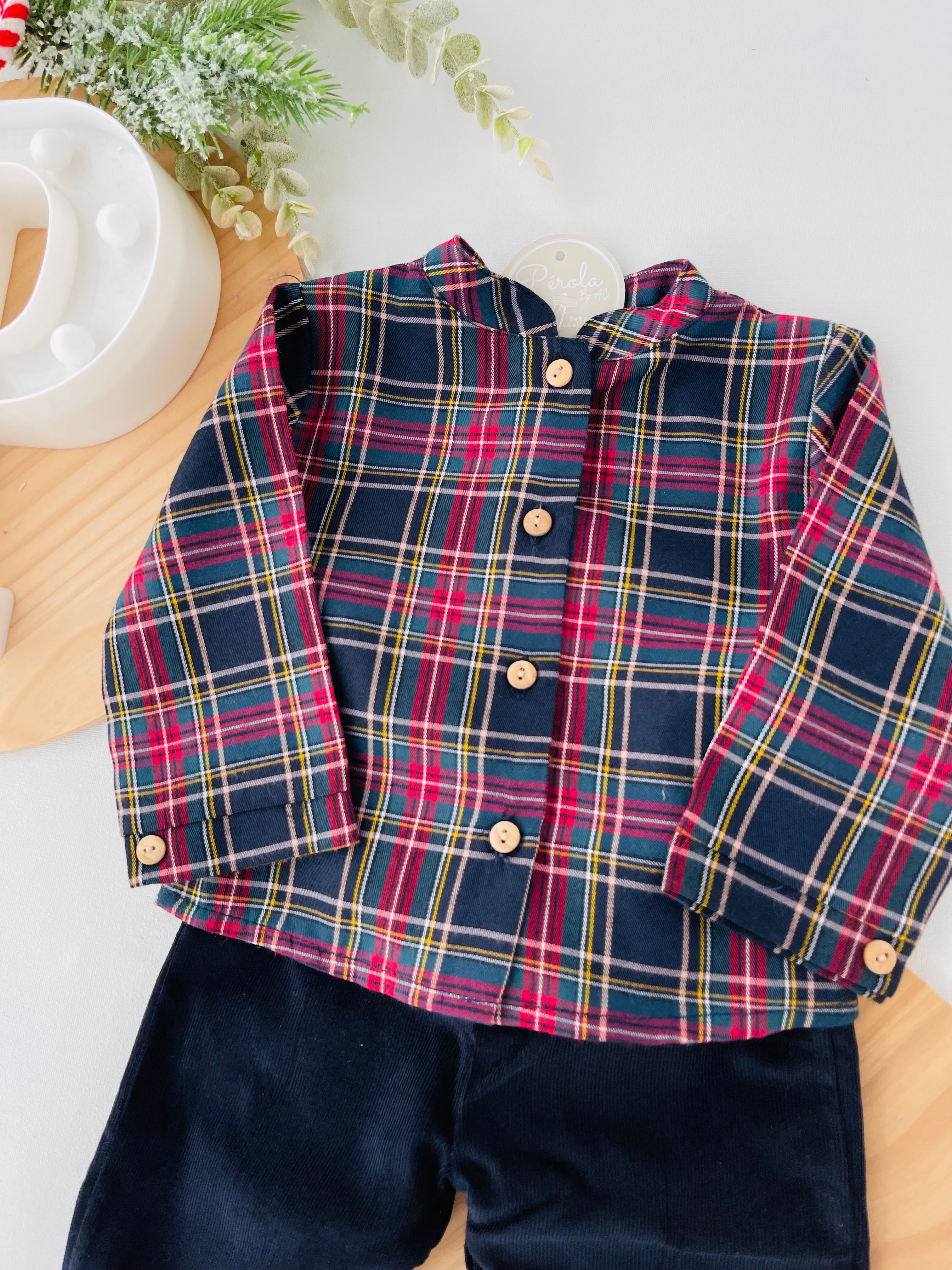 Conjunto xadrez: calças bombazine e camisa