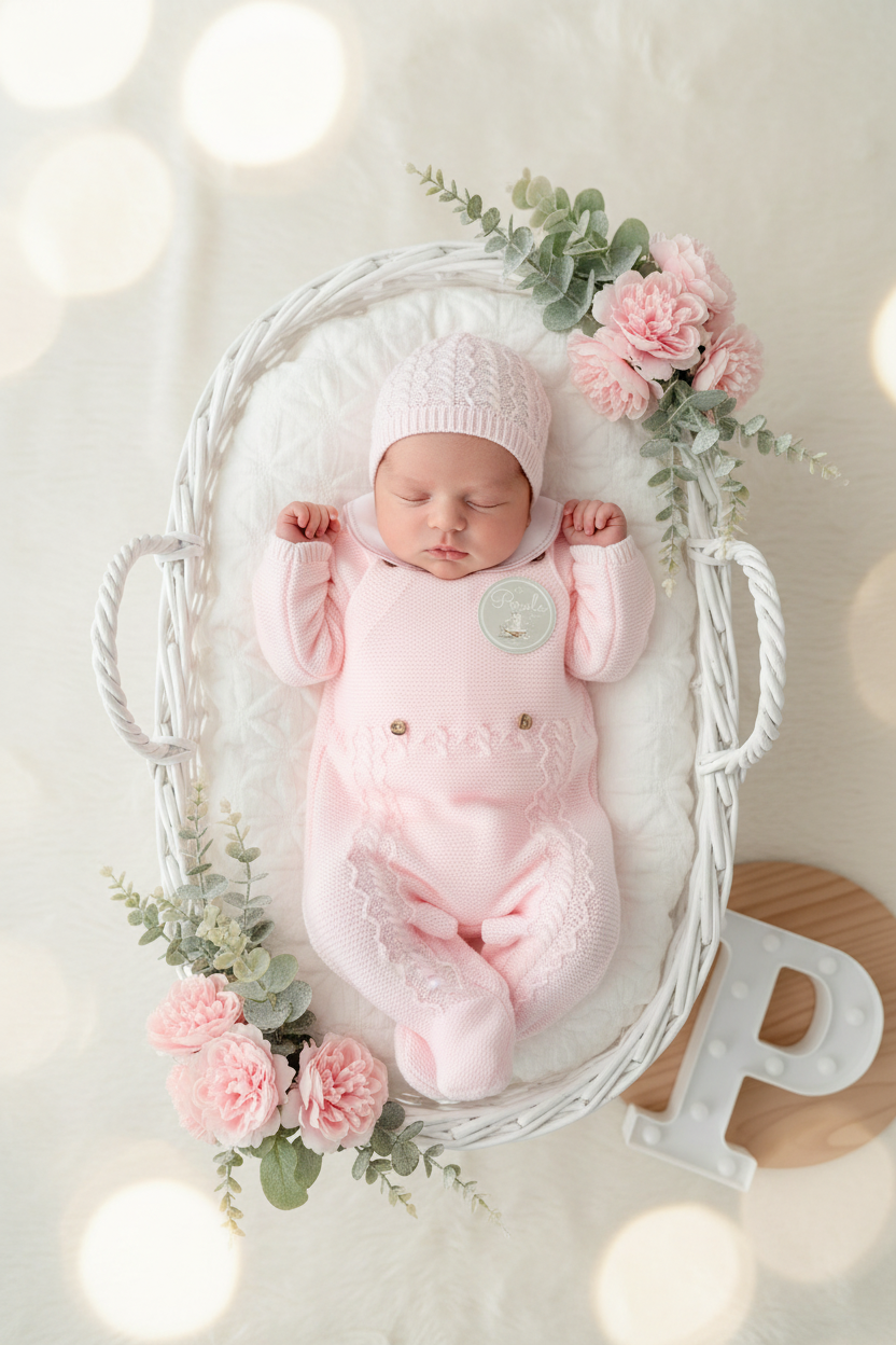 Conjunto ROSA : jardineiras, camisola e gorro malha quentinha