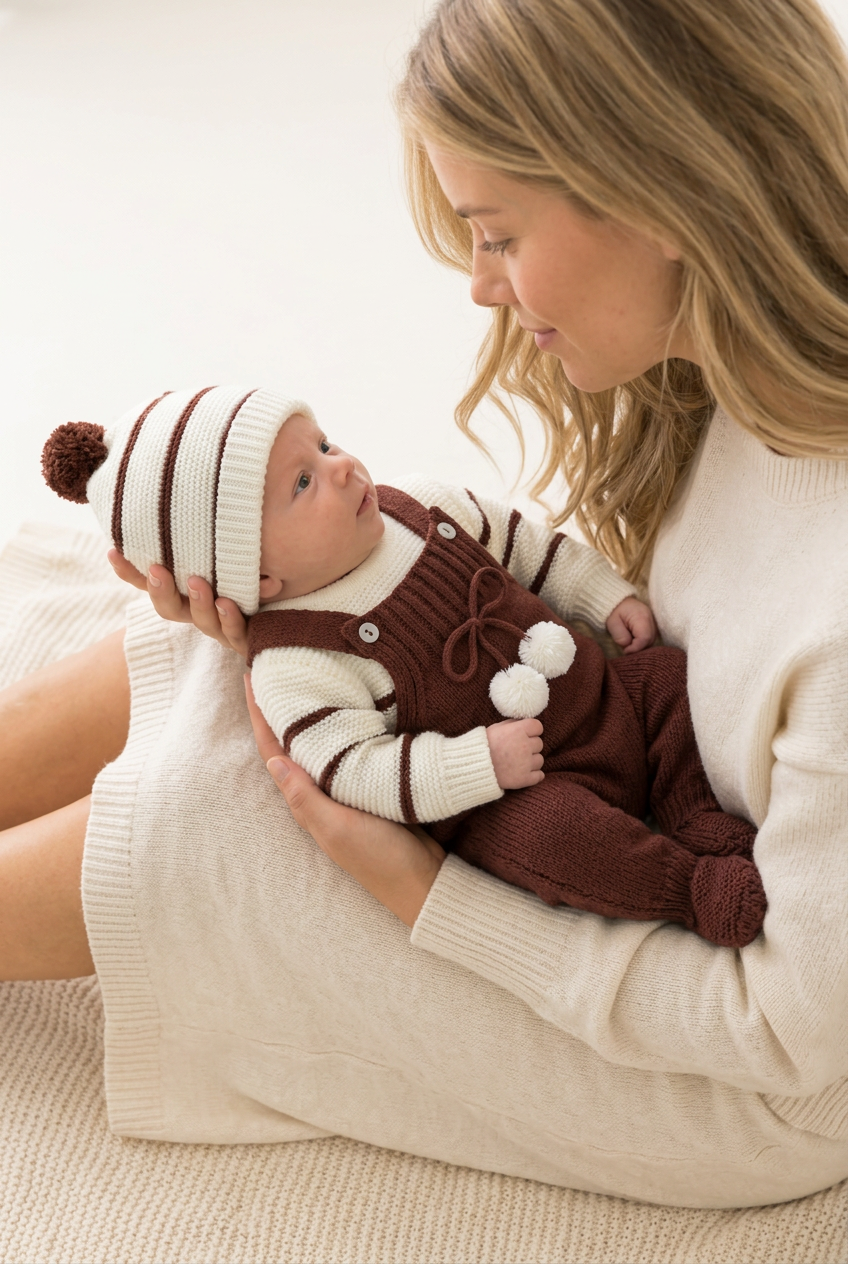 Conjunto risquinhas castanho: jardineiras, camisola e gorro