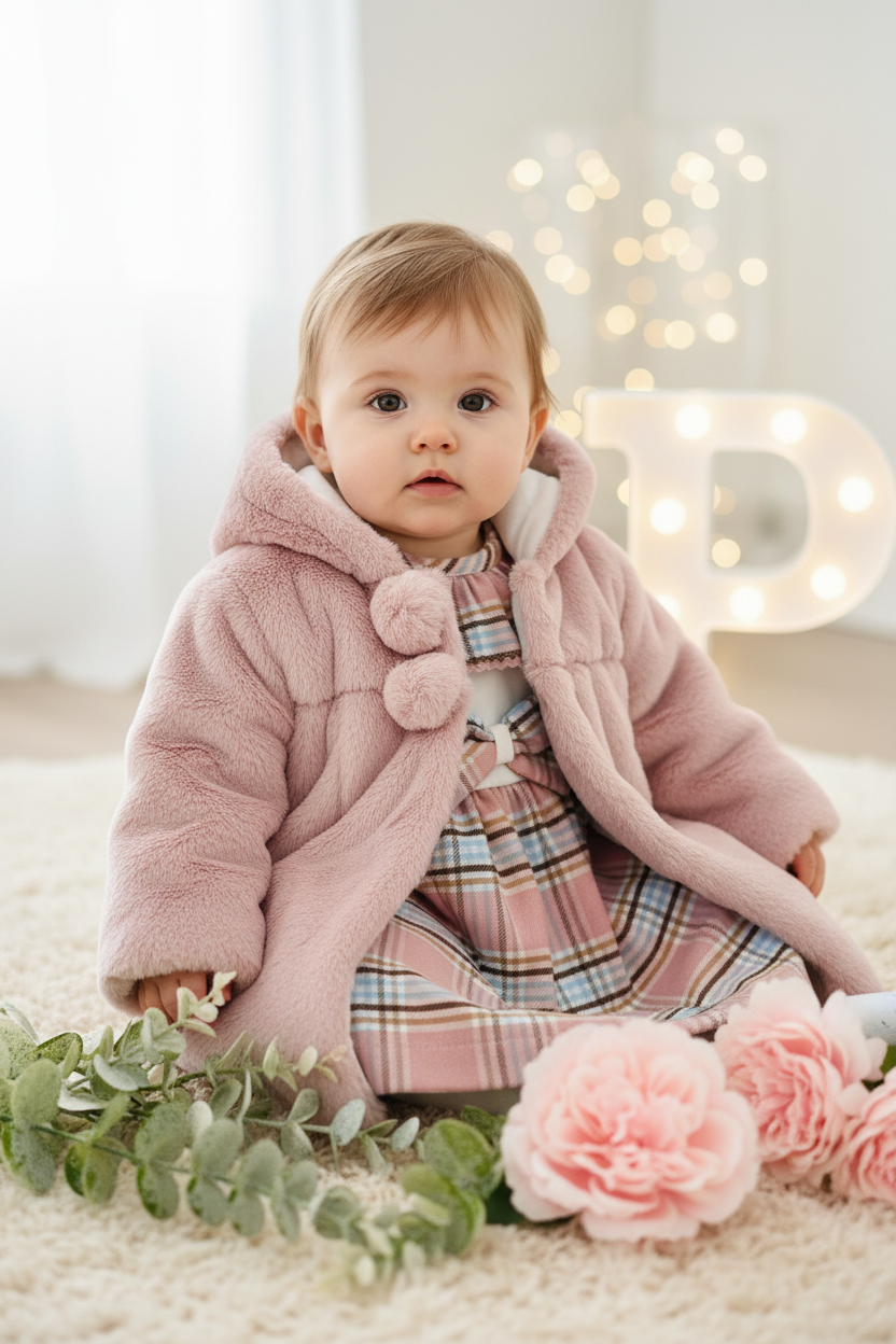 Conjunto Bela: casaco de pêlo comprido e vestido