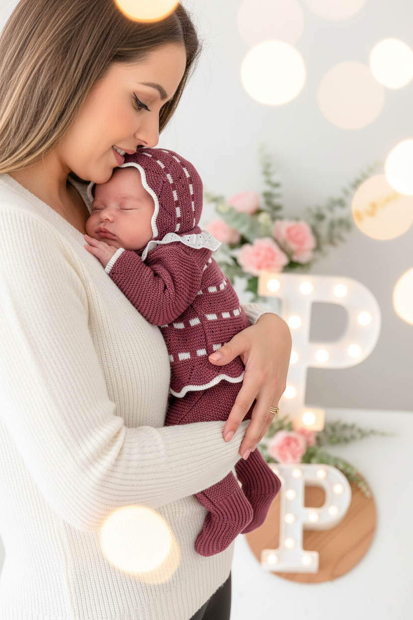 Conjunto princesinha de malha berinjela com bordado inglês