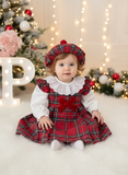 Conjunto Menina Tartan Vermelho e azul- Vestido, Blusa e Boina Natalícia