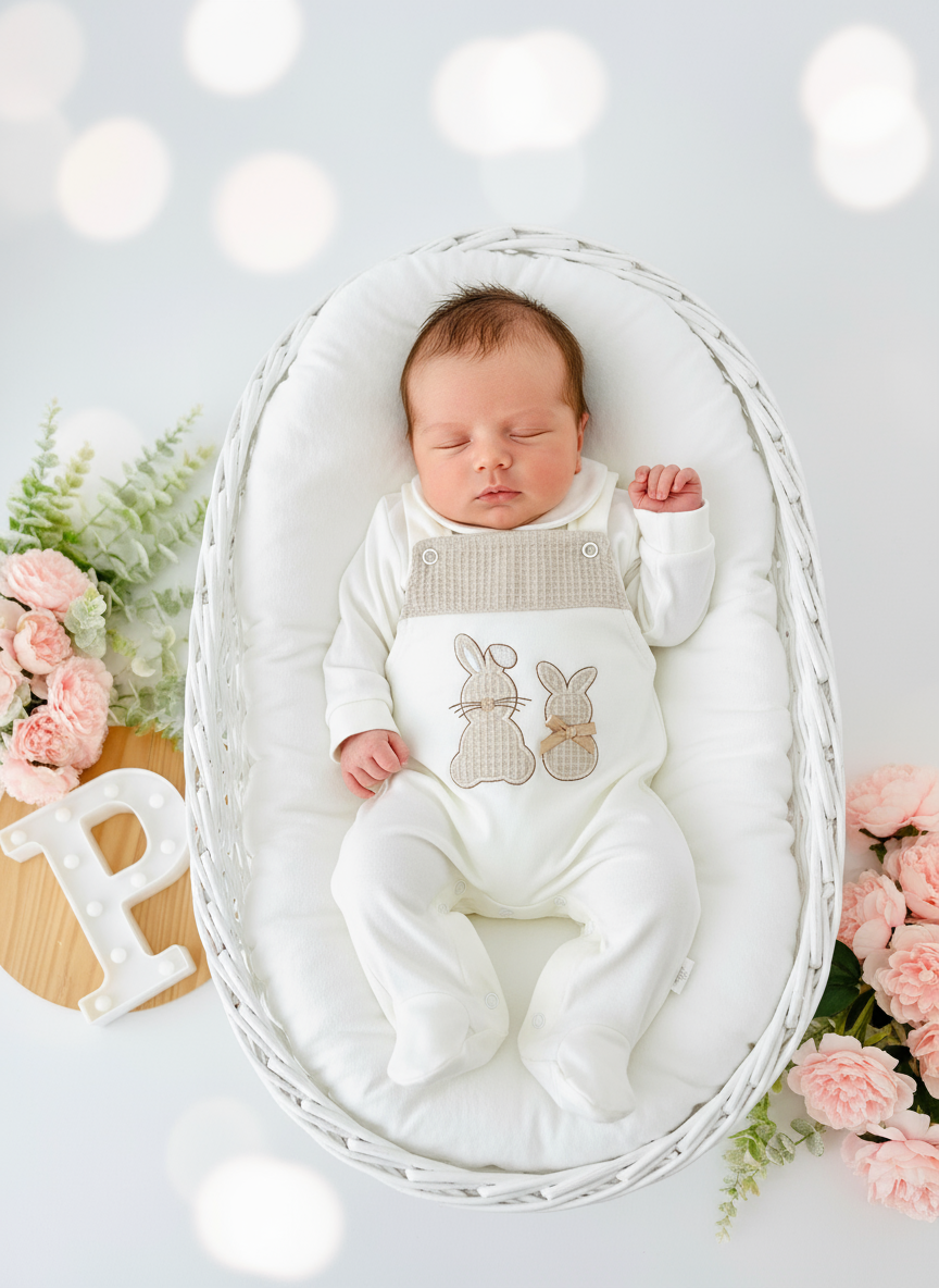 Conjunto coelhinhos: jardineiras, camisola e prende chupetas