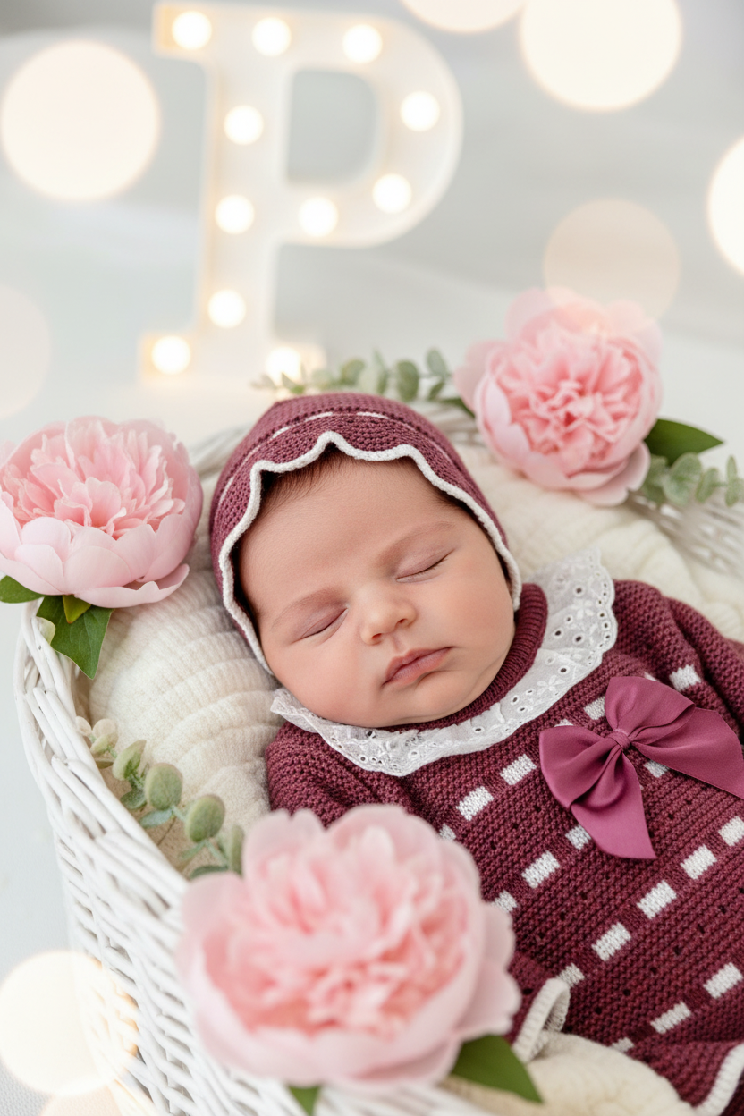 Conjunto princesinha de malha berinjela com bordado inglês