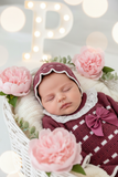 Conjunto princesinha de malha berinjela com bordado inglês
