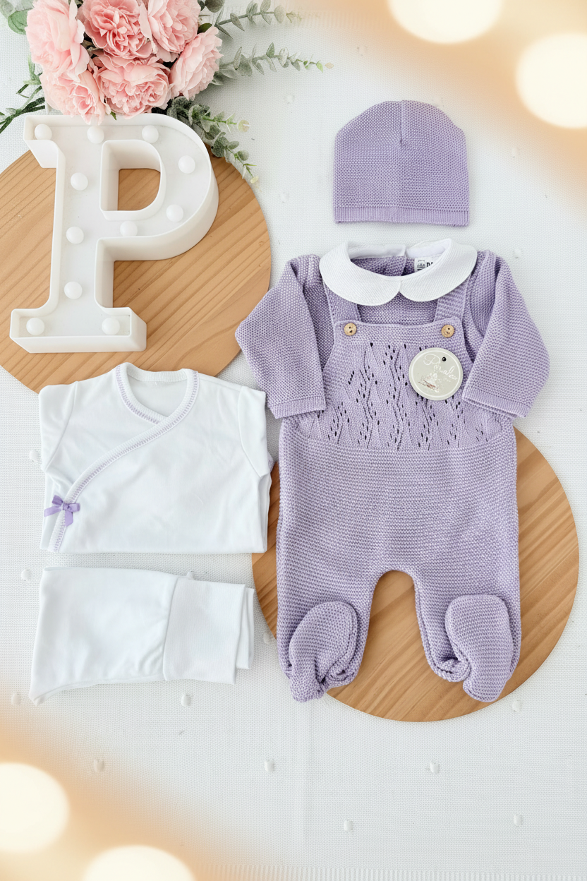 Pack saída de maternidade Lavanda 5 peças: body, calças, jardineiras, camisola e gorro