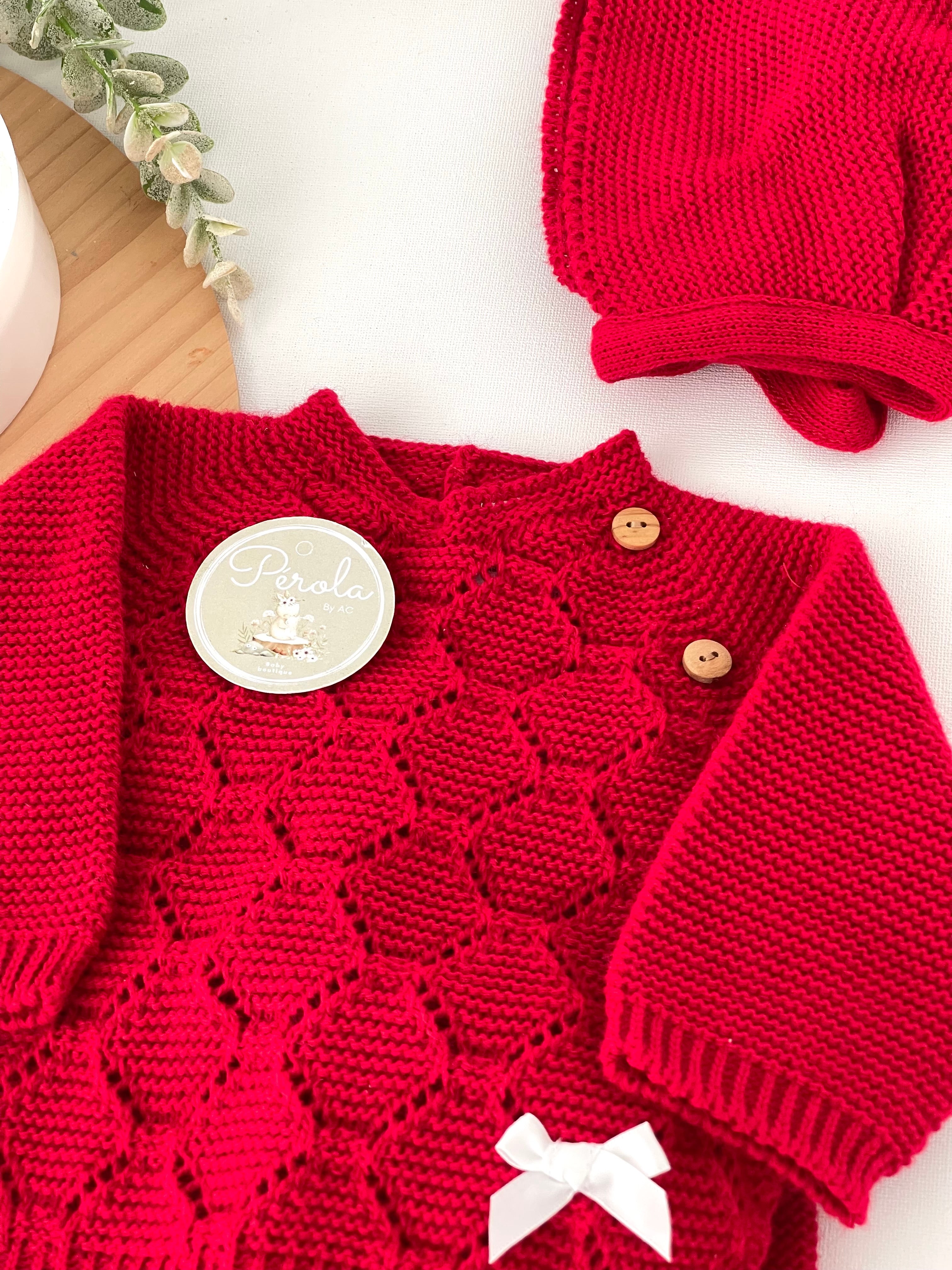 Conjunto malha colmeia para recém nascidos camisola, calças e touca - Outono/Inverno