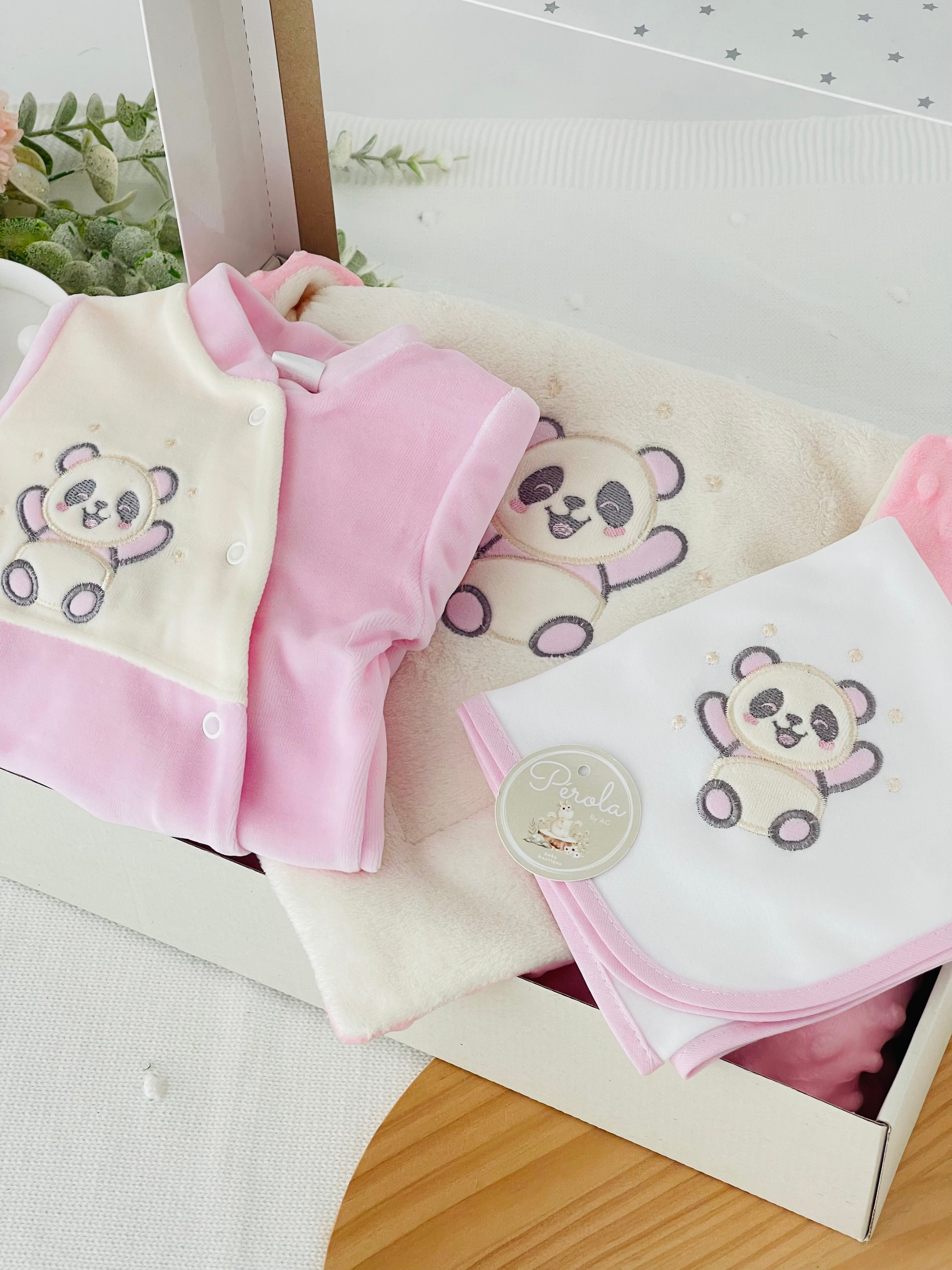 Pack panda em veludo: Babygrow, fralda e manta