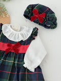 Conjunto xadrez verde : vestido, blusa e bóina