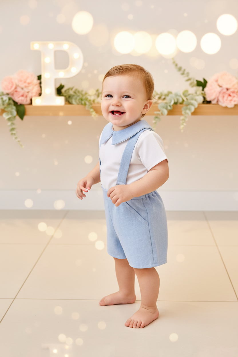 Conjunto Pequeno Príncipe: calções com suspensórios e camisa 3-12M