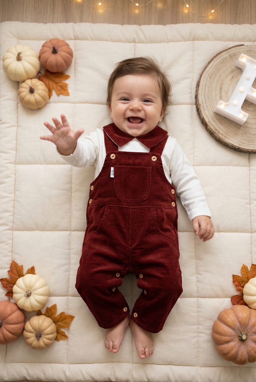 Conjunto tijolo: jardineiras e camisola 3-6-12M