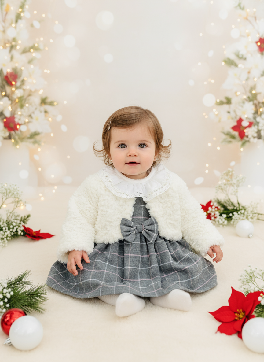 Conjunto elegante: casaco de pêlo, vestido e blusa