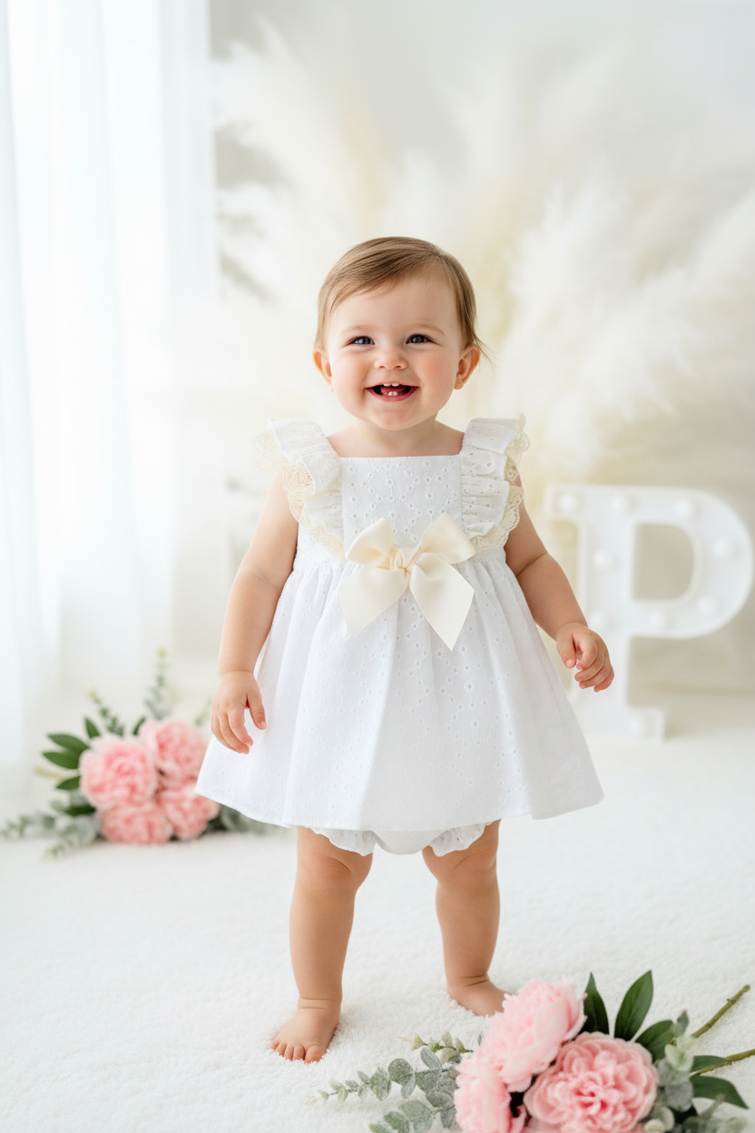 Conjunto cerimónia pérola: vestido e tapa fraldas