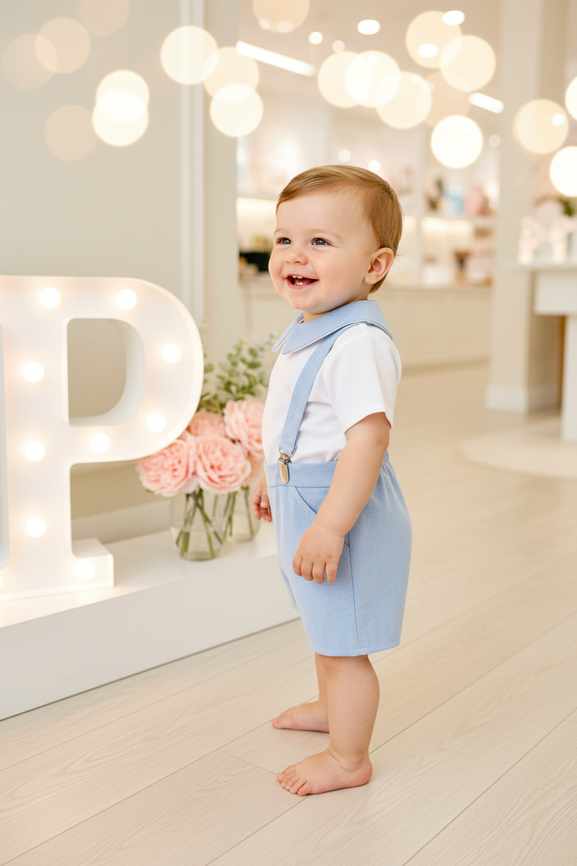 Conjunto Pequeno Príncipe: calções com suspensórios e camisa 3-12M