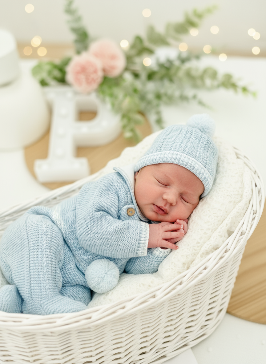 Conjunto Pompom Azul: jardineiras, camisola e gorro