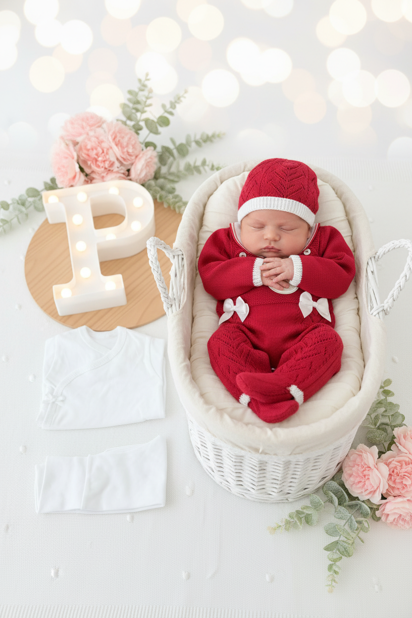 Pack saída de maternidade VERMELHO 5 peças: body, calças, jardineiras, camisola e gorro