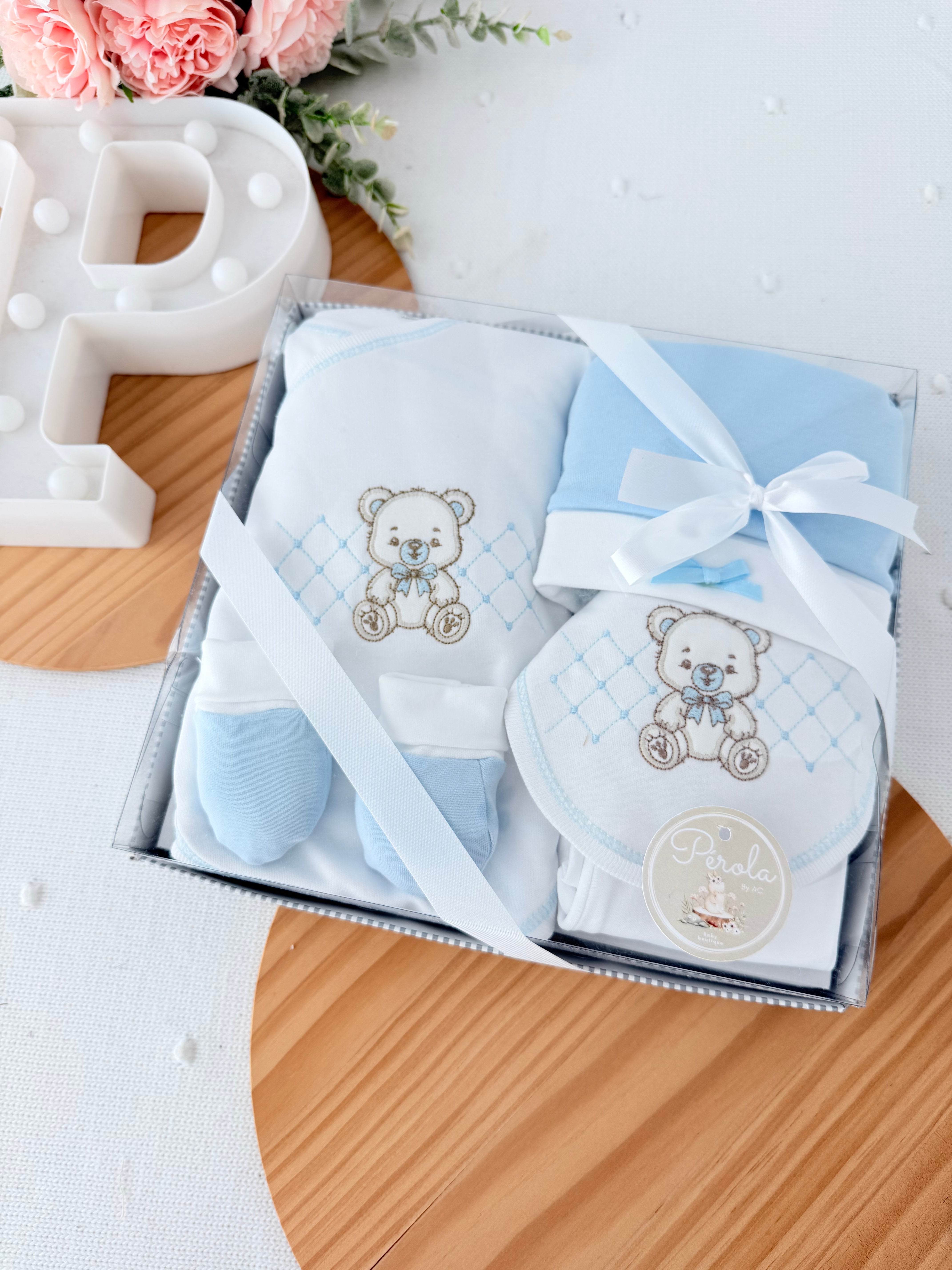 Pack interiores ursinho: body, calças, gorro, luvas e babete