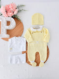Pack saída de maternidade AMARELO 5 peças: body, calças, jardineiras, camisola e gorro