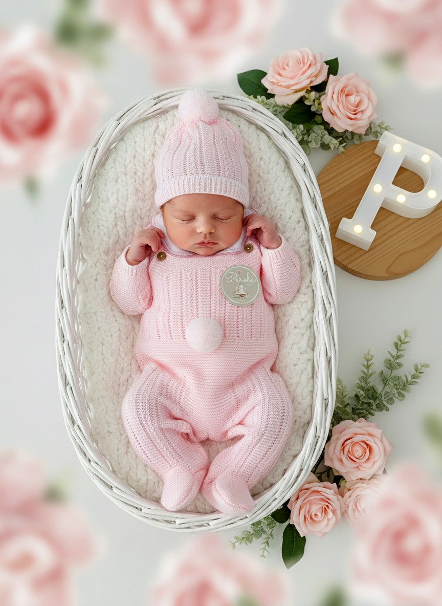 Conjunto Pompom ROSA : jardineiras, camisola e gorro