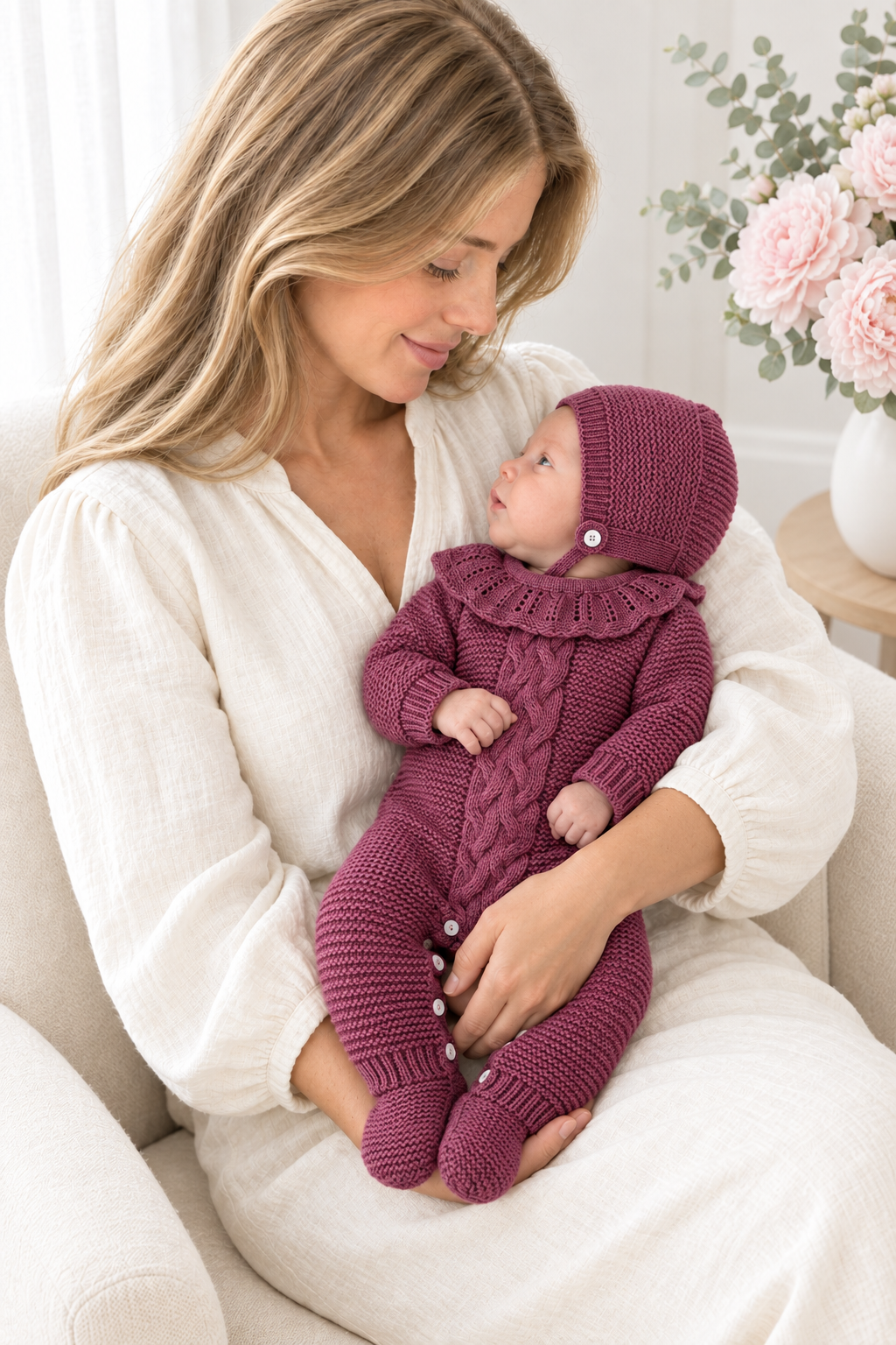 Babygrow e touca em beringela- saída de maternidade