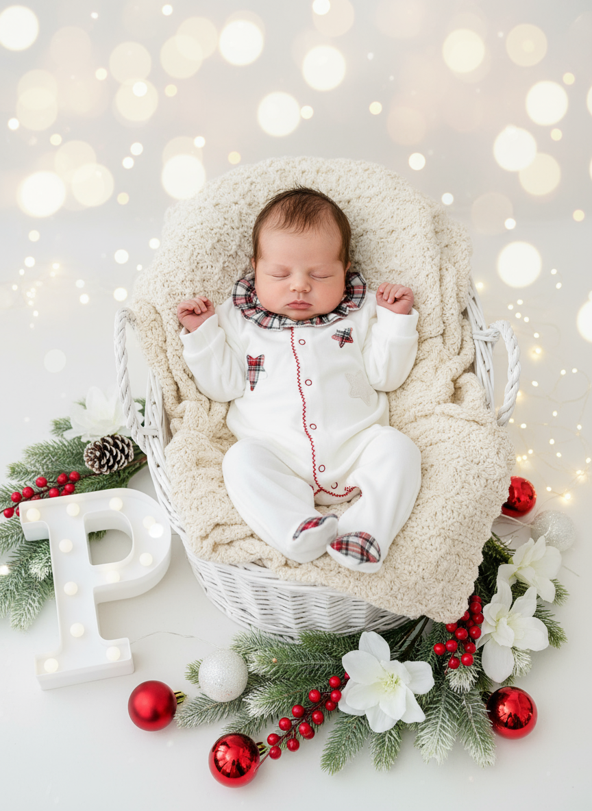 Babygrow Branco Estrelas GOLA REDONDA- xadrez Premium