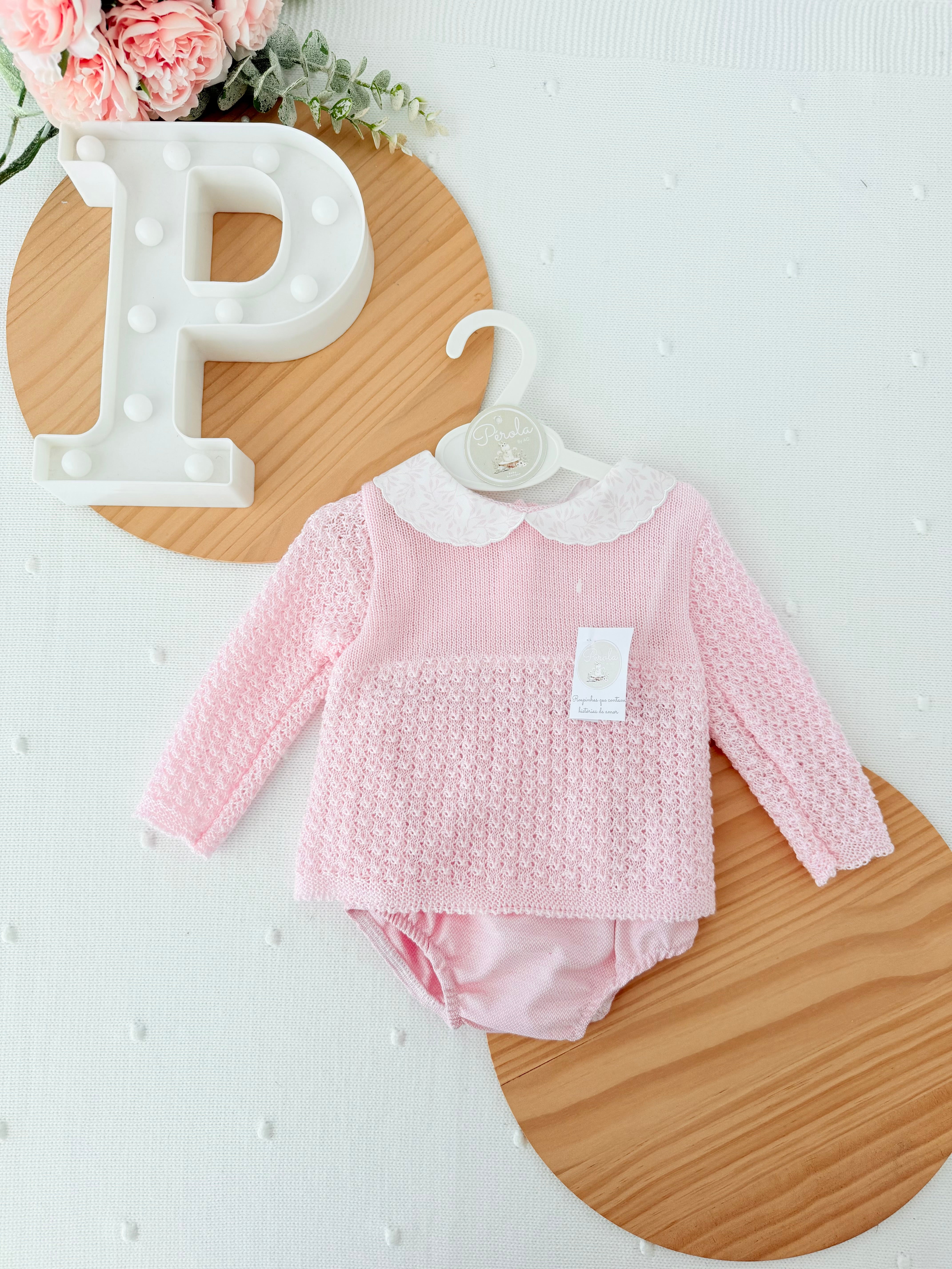 Conjunto rosa: camisola e tapa fraldas 1/3M