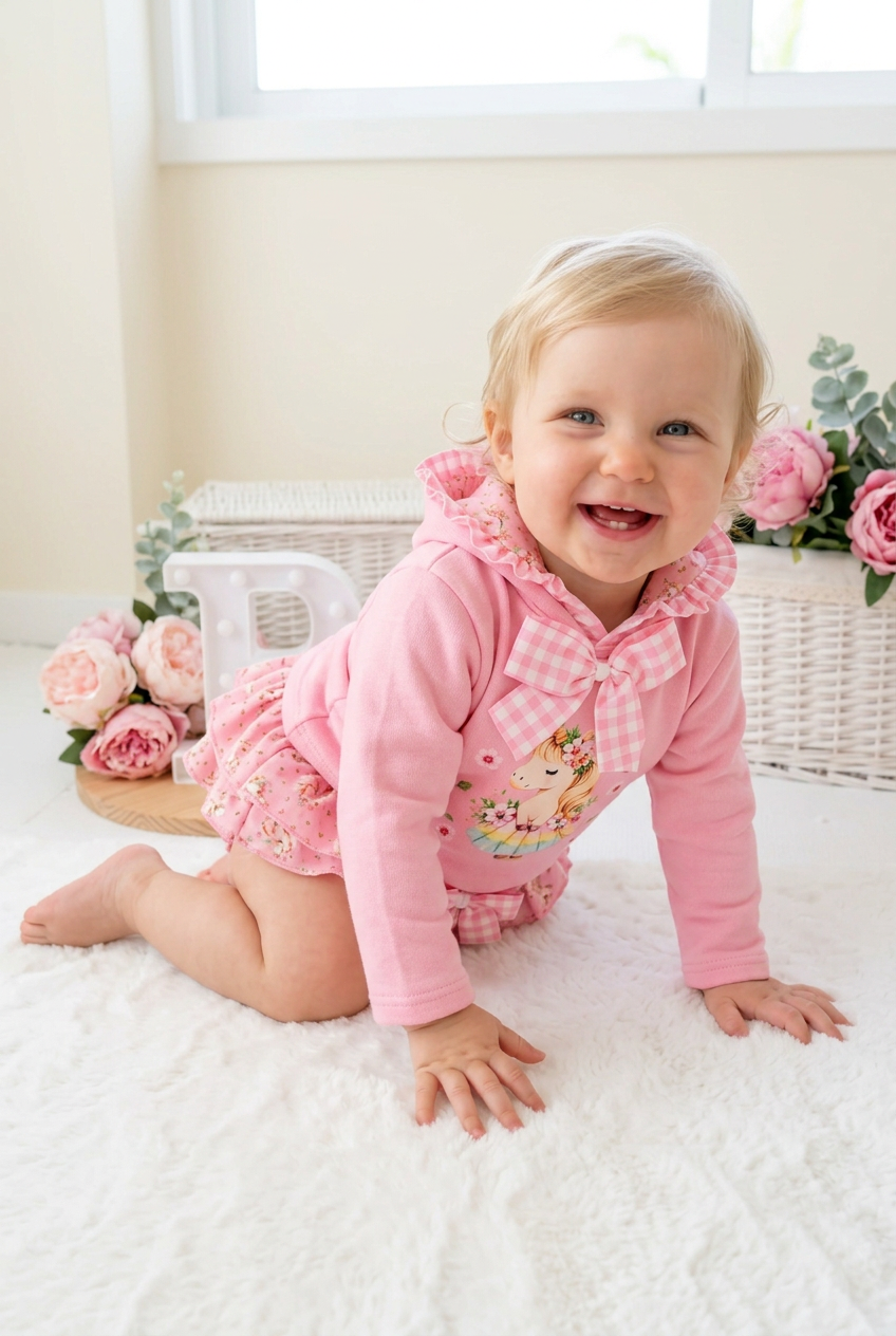 Conjunto Unicórnio Encantado Rosa – Camisola com Capuz e Tapa-Fraldas 6-36M