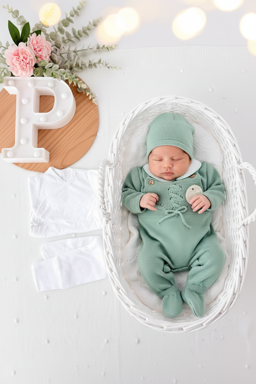 Pack saída de maternidade verde 5 peças: body, calças, jardineiras, camisola e gorro