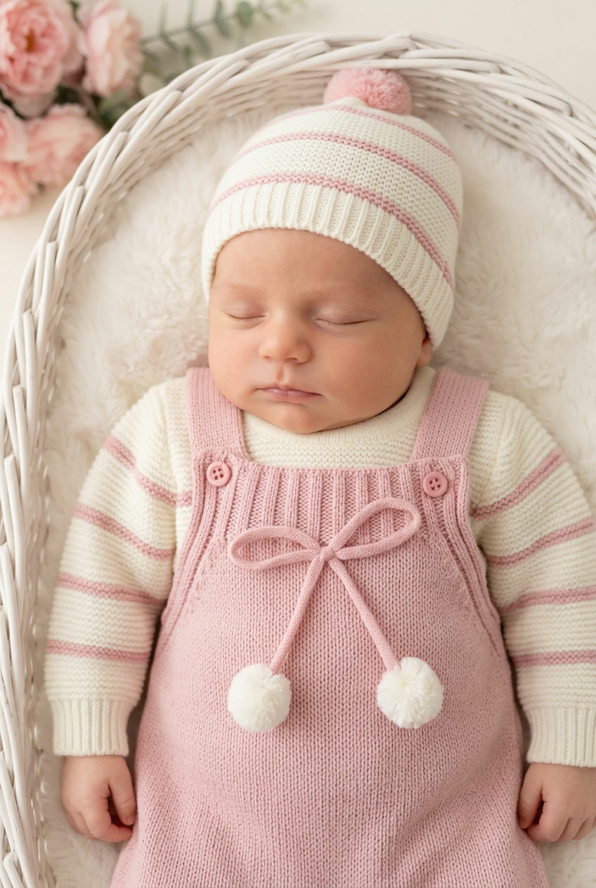 Conjunto risquinhas rosa: jardineiras, camisola e gorro