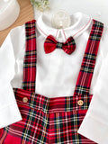 Conjunto xadrez vermelho menino Natal: calções, camisa em flanela e laço xadrez 2.0
