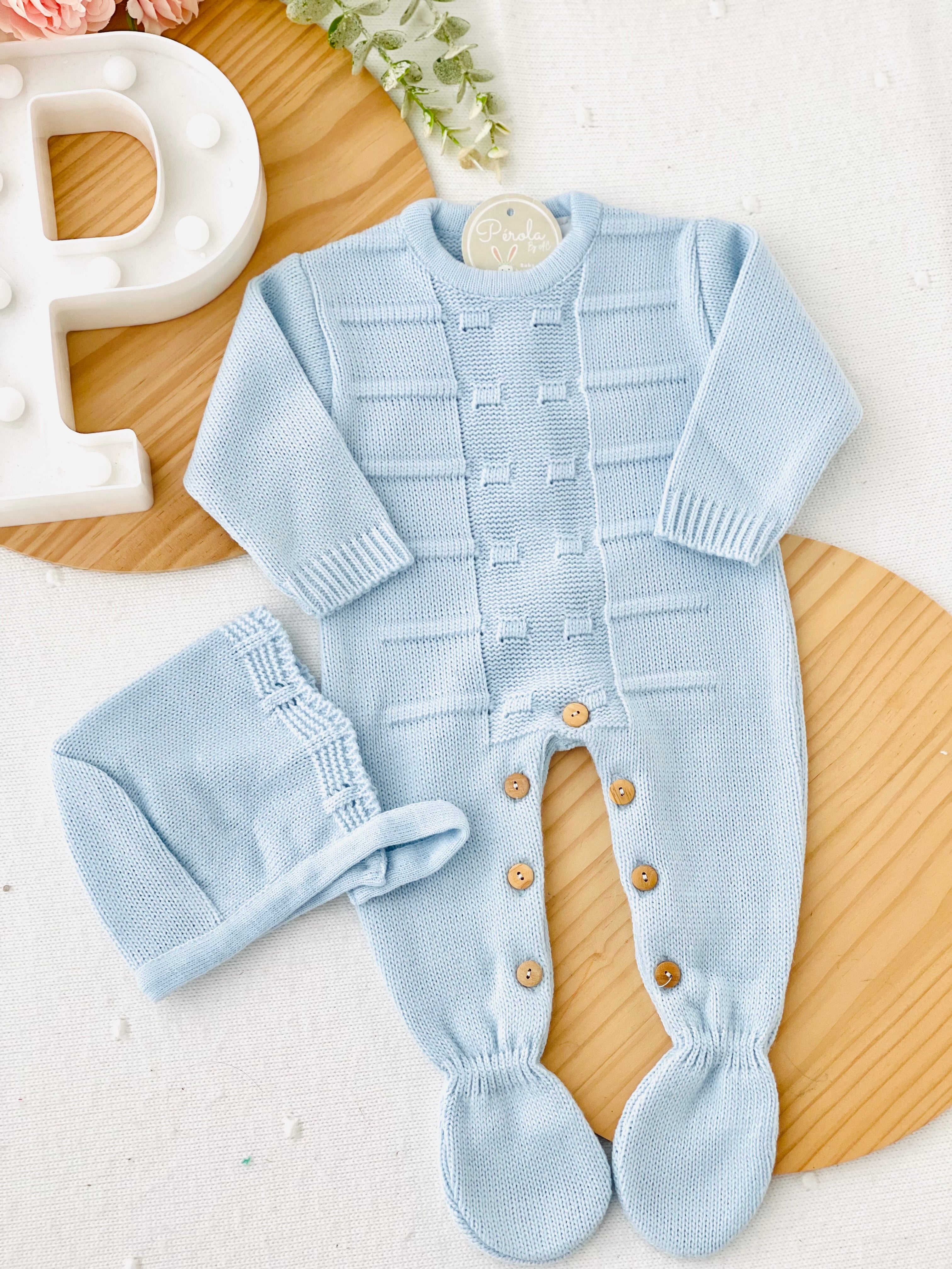 Saída de maternidade quadradinhos: Babygrow e touca Outono/Inverno