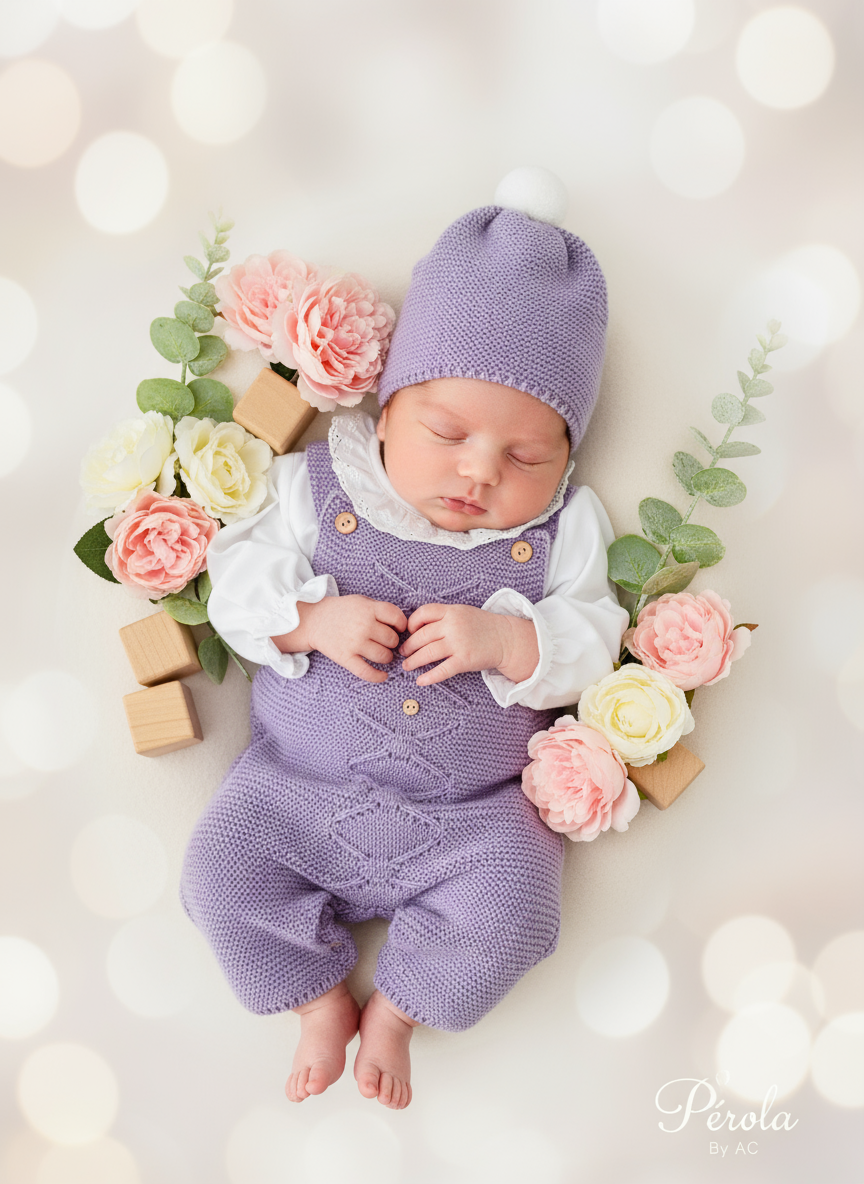 Saída de maternidade lilás: jardineiras, blusa e gorro Outono Inverno