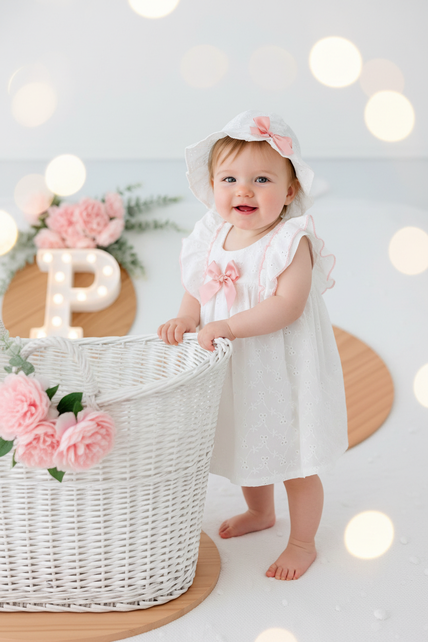 Vestido e chapéu com laço
