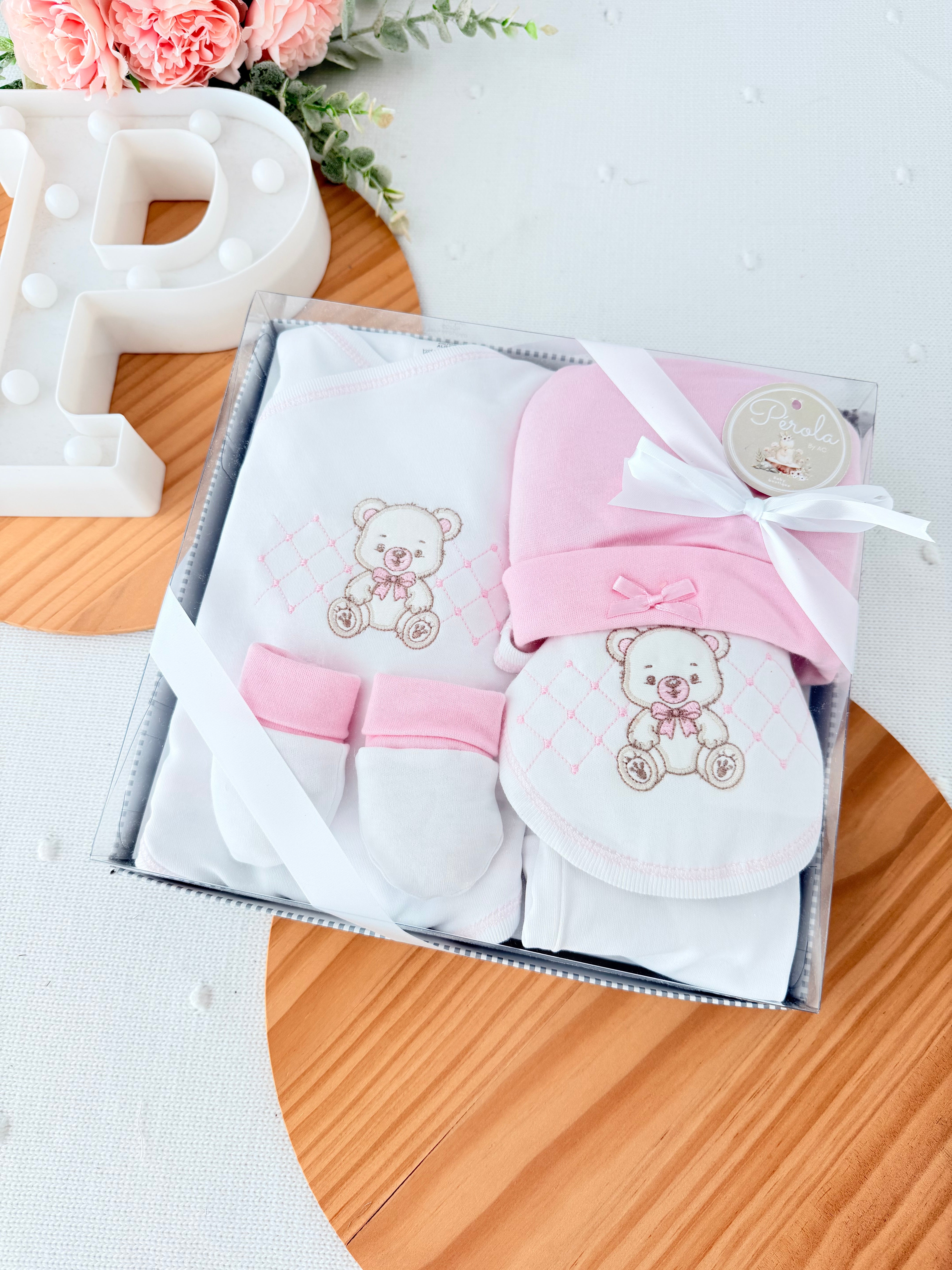 Pack interiores ursinho: body, calças, gorro, luvas e babete