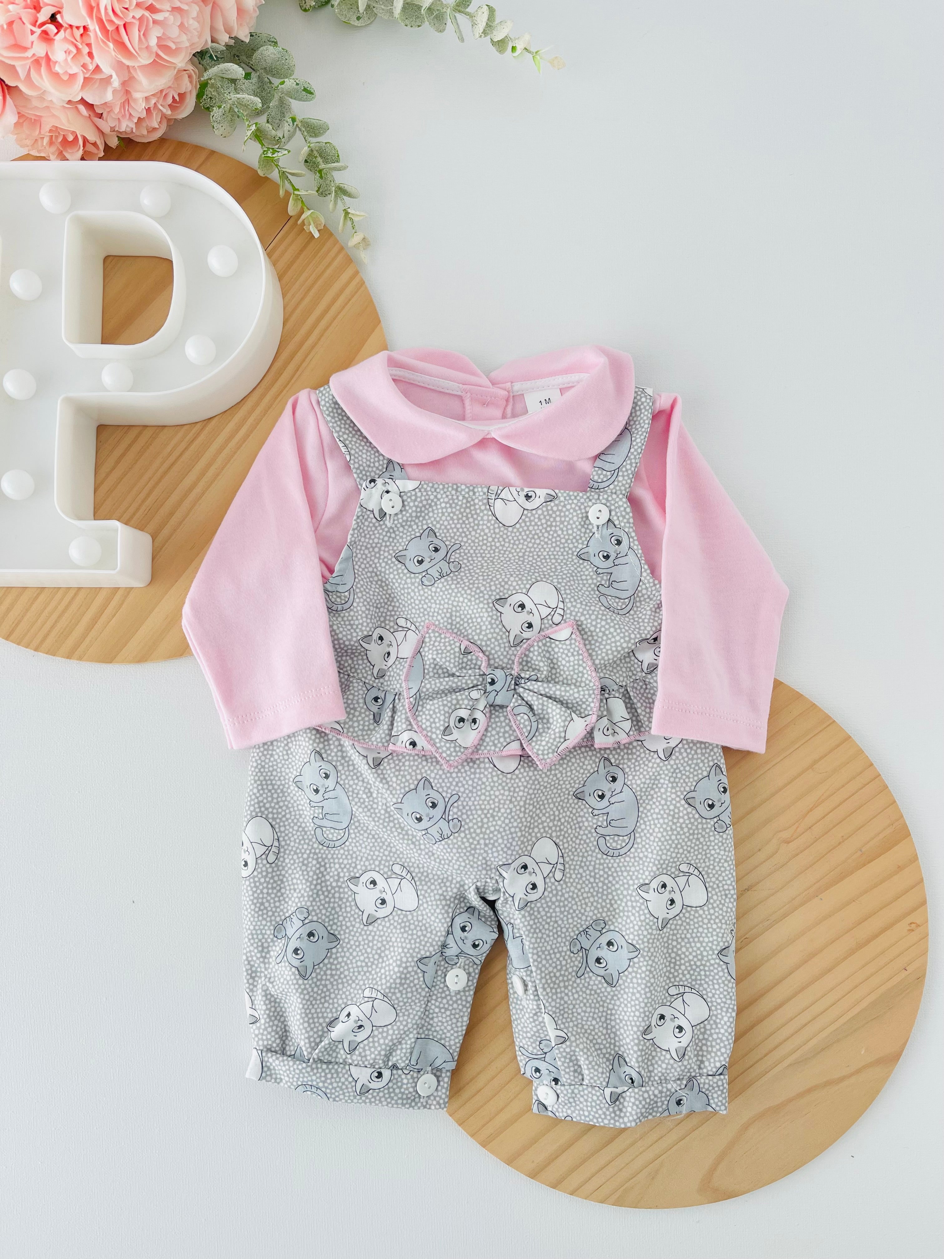 Conjunto gatinhos: Jardineiras e camisola