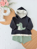 Conjunto dinossauro menino: camisola com capuz e calções